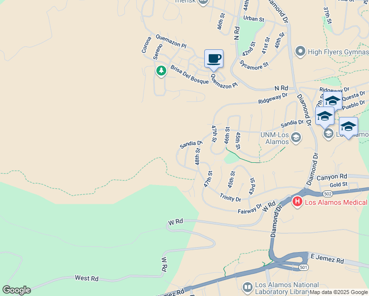 map of restaurants, bars, coffee shops, grocery stores, and more near 1047 49th St in Los Alamos