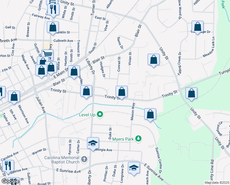 map of restaurants, bars, coffee shops, grocery stores, and more near 118 Conrad Street in Thomasville
