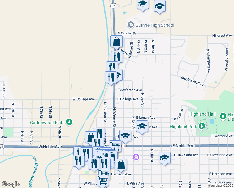 map of restaurants, bars, coffee shops, grocery stores, and more near 816 North Wentz Street in Guthrie