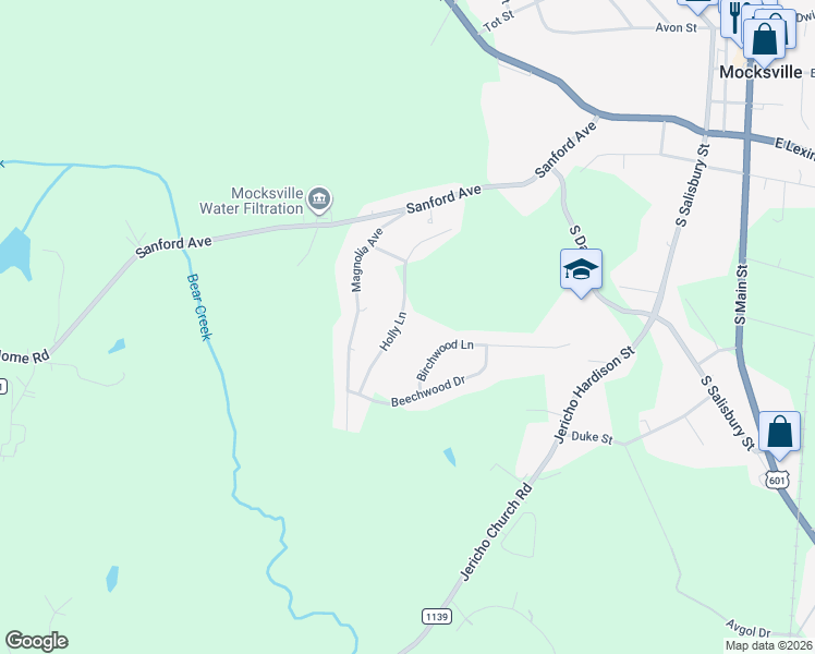 map of restaurants, bars, coffee shops, grocery stores, and more near 244 Holly Lane in Mocksville