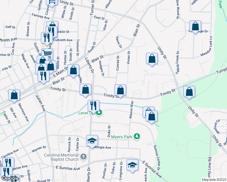 map of restaurants, bars, coffee shops, grocery stores, and more near 118 Conrad Street in Thomasville