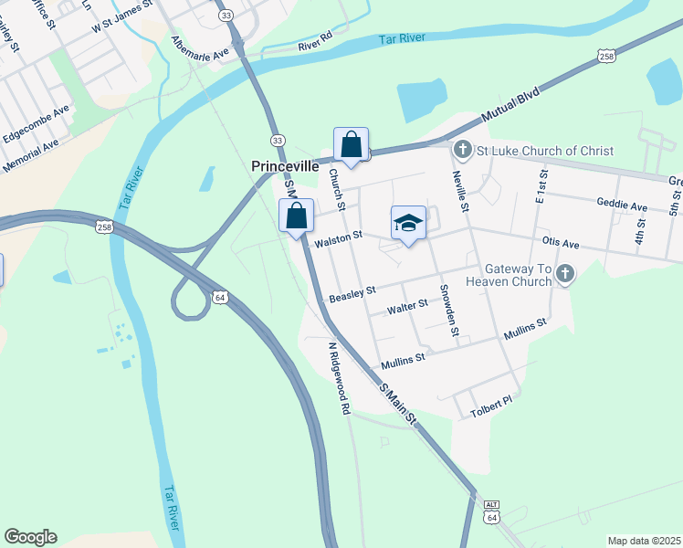 map of restaurants, bars, coffee shops, grocery stores, and more near 406 Church Street in Princeville