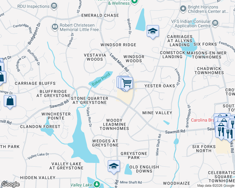 map of restaurants, bars, coffee shops, grocery stores, and more near 902 Bridge Way in Raleigh