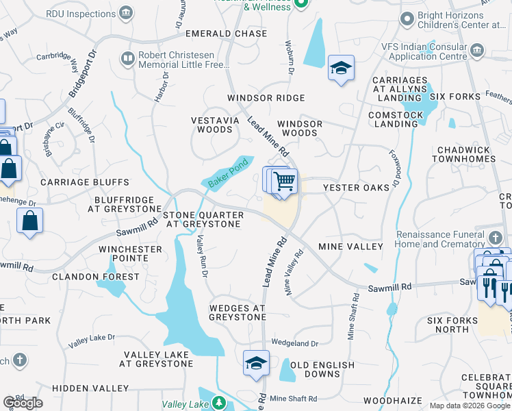 map of restaurants, bars, coffee shops, grocery stores, and more near 902 Bridge Way in Raleigh