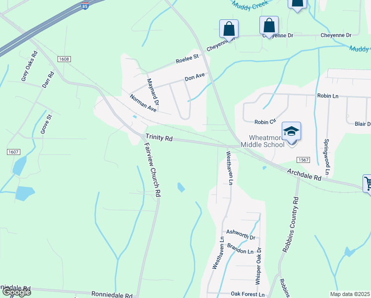 map of restaurants, bars, coffee shops, grocery stores, and more near 11853 Trinity Road in Trinity