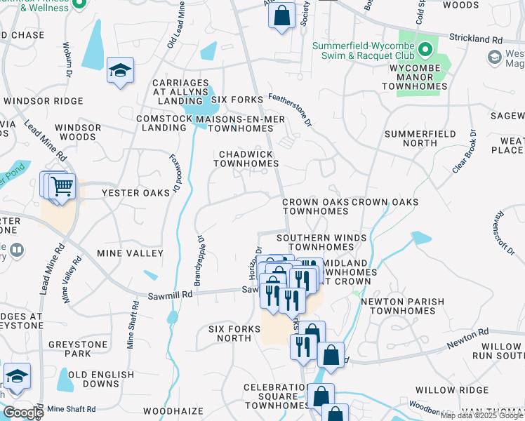 map of restaurants, bars, coffee shops, grocery stores, and more near 123 Yorkchester Way in Raleigh