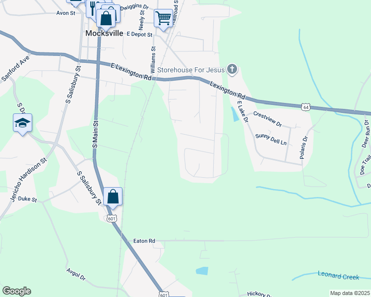 map of restaurants, bars, coffee shops, grocery stores, and more near 174 Winding Creek Road in Mocksville