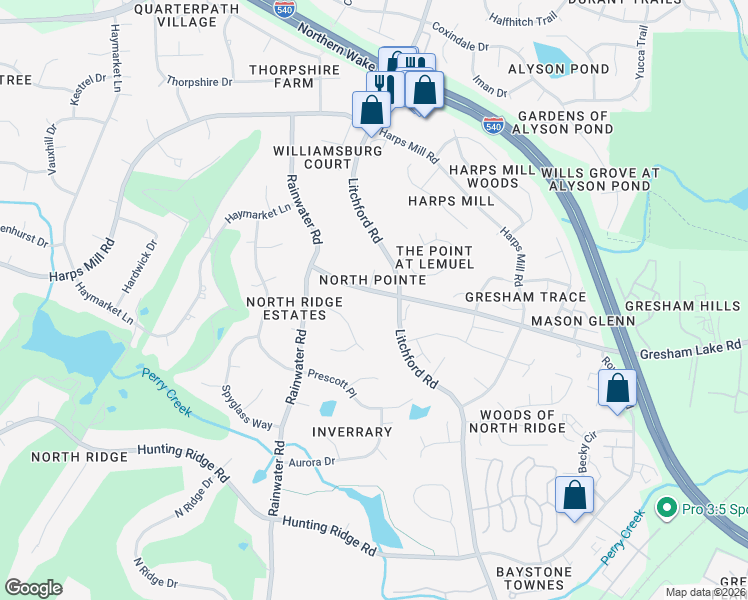 map of restaurants, bars, coffee shops, grocery stores, and more near 2208 Gresham Lake Road in Raleigh