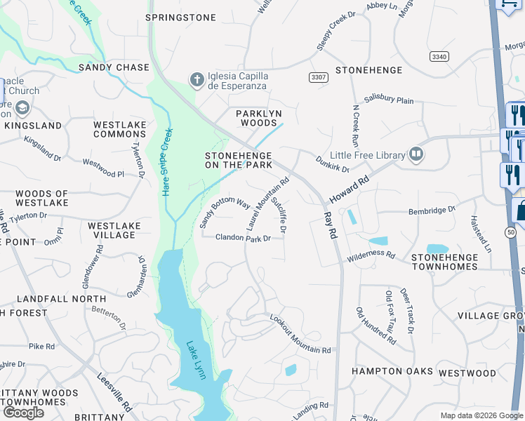 map of restaurants, bars, coffee shops, grocery stores, and more near 7912 Laurel Mountain Road in Raleigh