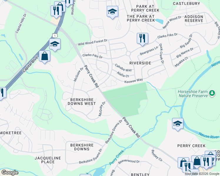 map of restaurants, bars, coffee shops, grocery stores, and more near 5260 Patuxent Drive in Raleigh