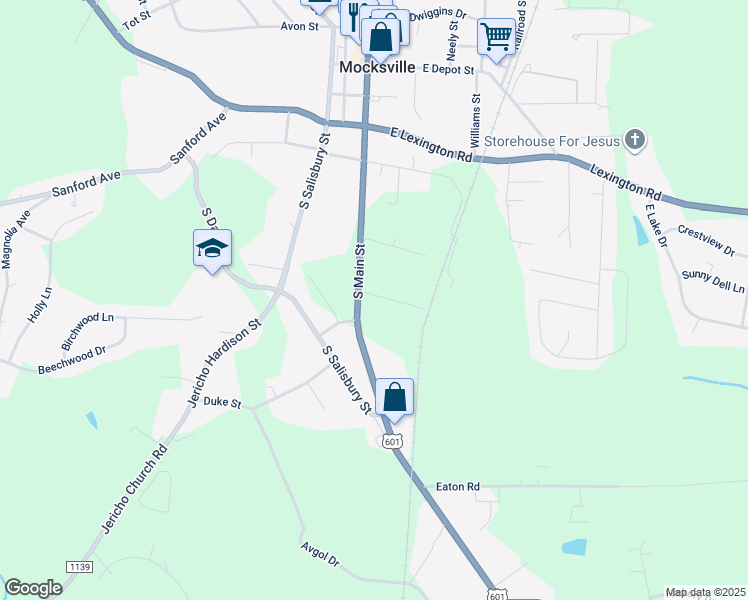 map of restaurants, bars, coffee shops, grocery stores, and more near 138 Harding Street in Mocksville
