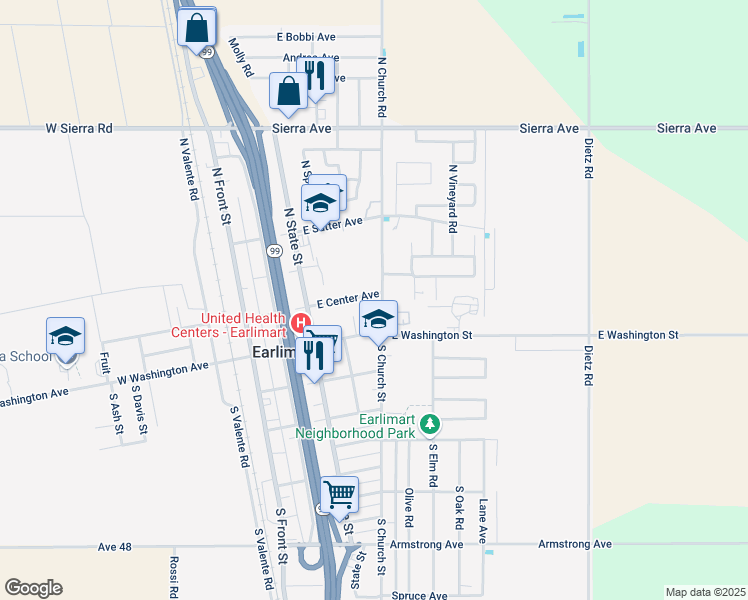 map of restaurants, bars, coffee shops, grocery stores, and more near 239 North Church Road in Earlimart