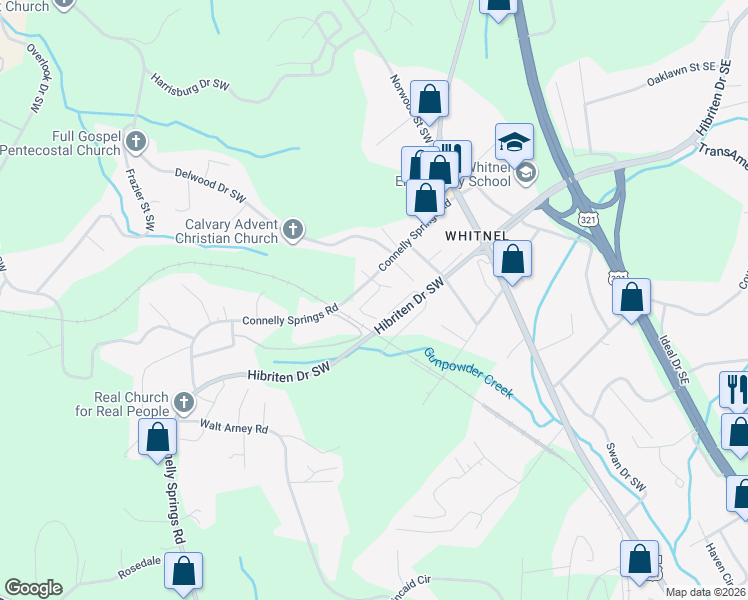 map of restaurants, bars, coffee shops, grocery stores, and more near 511 Oak Street Southwest in Lenoir