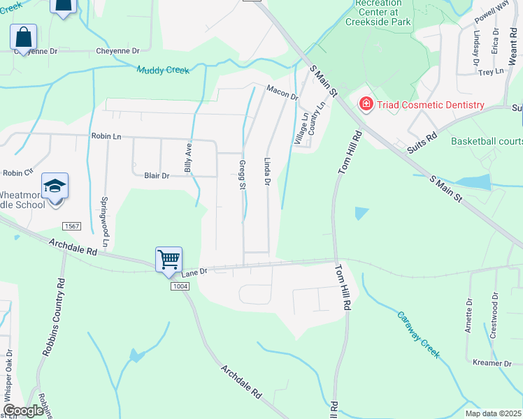 map of restaurants, bars, coffee shops, grocery stores, and more near 1 Linda Drive in Archdale