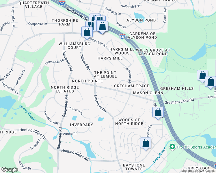 map of restaurants, bars, coffee shops, grocery stores, and more near 2400 Clinedale Court in Raleigh