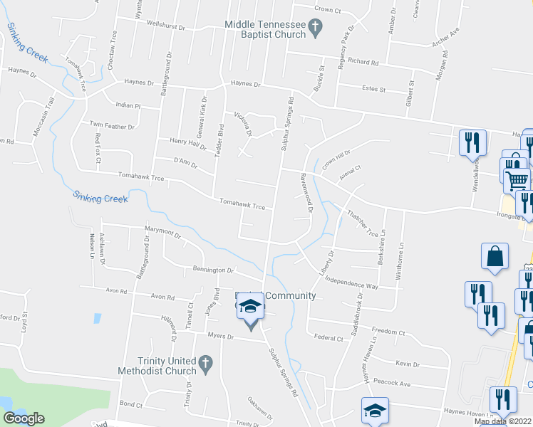 map of restaurants, bars, coffee shops, grocery stores, and more near 1003 Tomahawk Trce in Murfreesboro