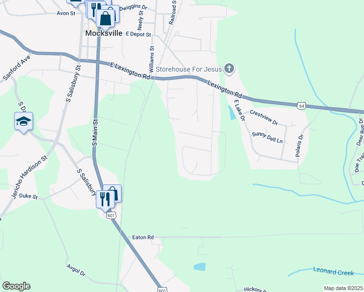 map of restaurants, bars, coffee shops, grocery stores, and more near 174 Winding Creek Road in Mocksville