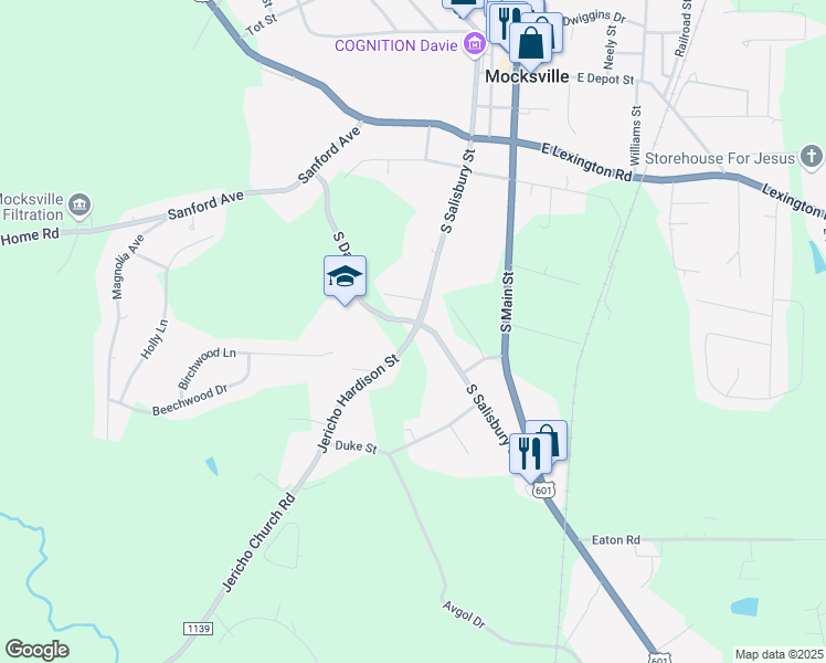 map of restaurants, bars, coffee shops, grocery stores, and more near 700 Jericho Hardison Street in Mocksville