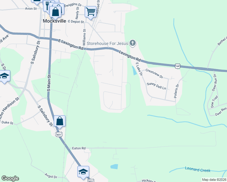 map of restaurants, bars, coffee shops, grocery stores, and more near 134 Winding Creek Road in Mocksville