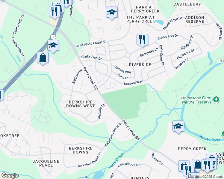 map of restaurants, bars, coffee shops, grocery stores, and more near 5300 Patuxent Drive in Raleigh
