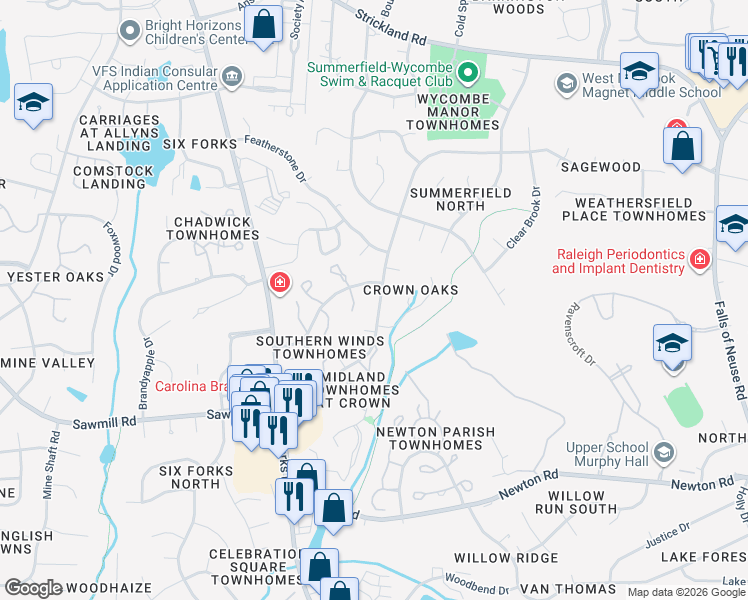 map of restaurants, bars, coffee shops, grocery stores, and more near 7917 Mourning Dove Road in Raleigh