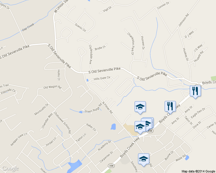 map of restaurants, bars, coffee shops, grocery stores, and more near 550 Hills Gate Circle in Seymour