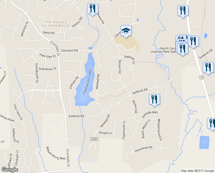 map of restaurants, bars, coffee shops, grocery stores, and more near 119 Montclair Circle in Durham