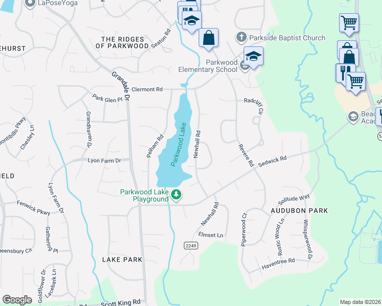 map of restaurants, bars, coffee shops, grocery stores, and more near 5411 Newhall Road in Durham