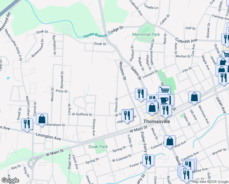 map of restaurants, bars, coffee shops, grocery stores, and more near 214 Church Street in Thomasville