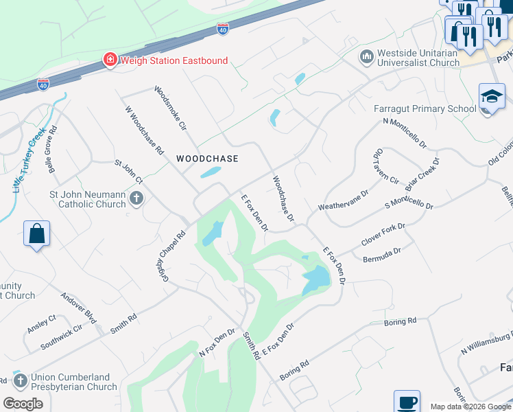 map of restaurants, bars, coffee shops, grocery stores, and more near 716 East Fox Den Drive in Knoxville