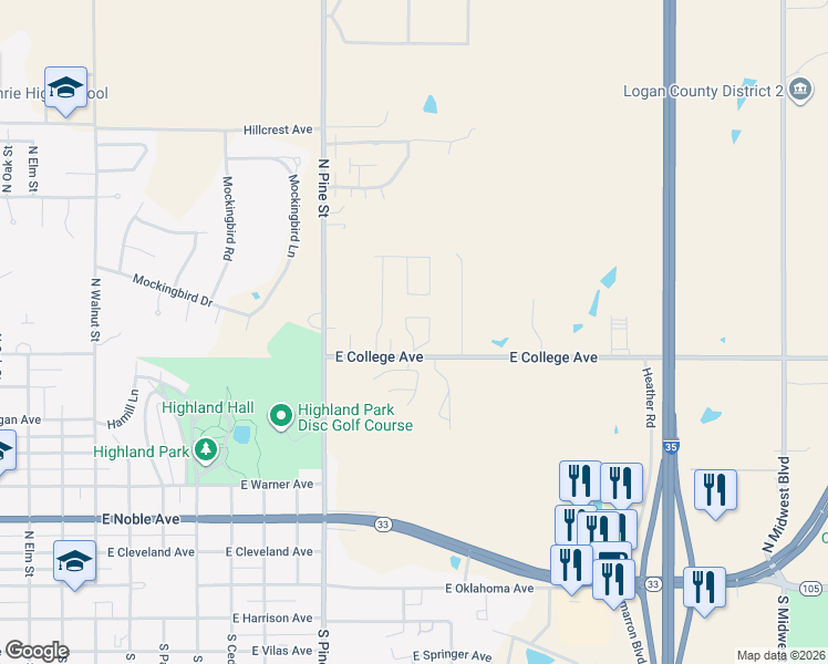 map of restaurants, bars, coffee shops, grocery stores, and more near 1720 East College Avenue in Guthrie
