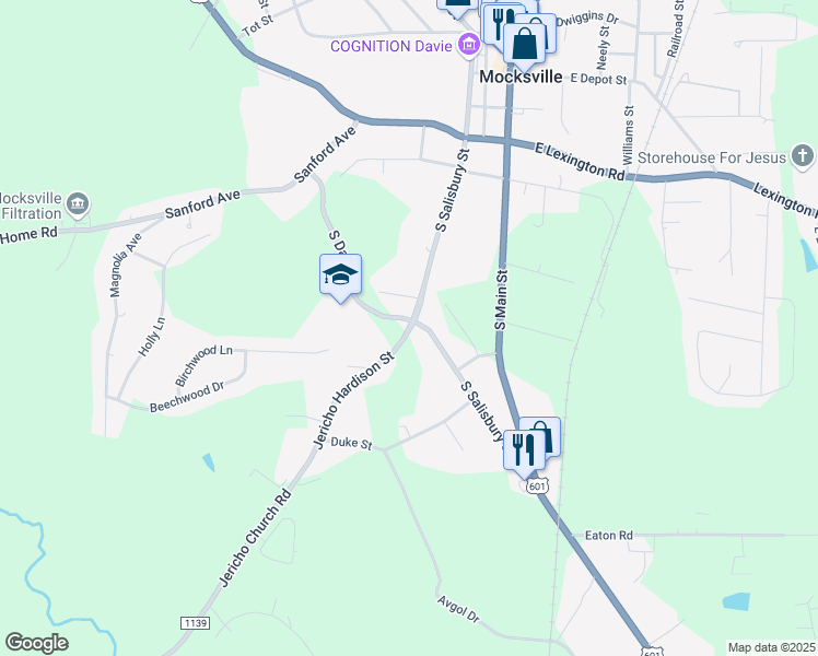 map of restaurants, bars, coffee shops, grocery stores, and more near 700 Jericho Hardison Street in Mocksville
