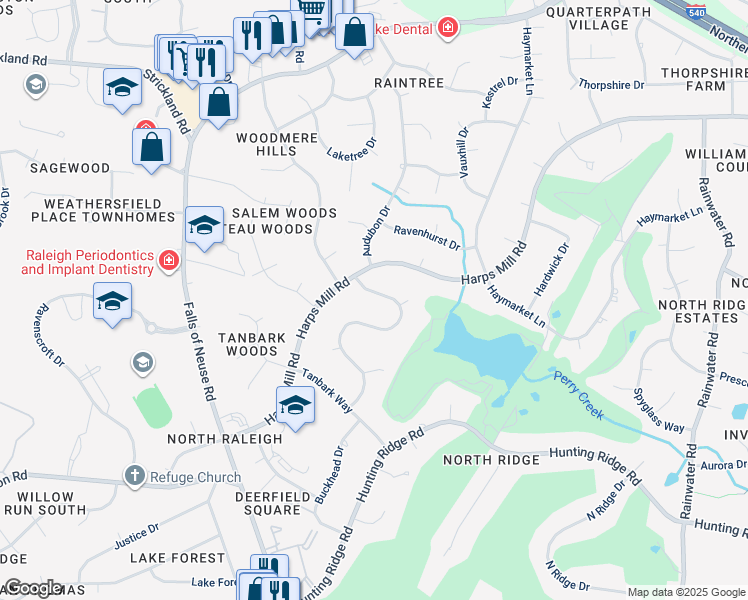 map of restaurants, bars, coffee shops, grocery stores, and more near 7509 Grist Mill Road in Raleigh