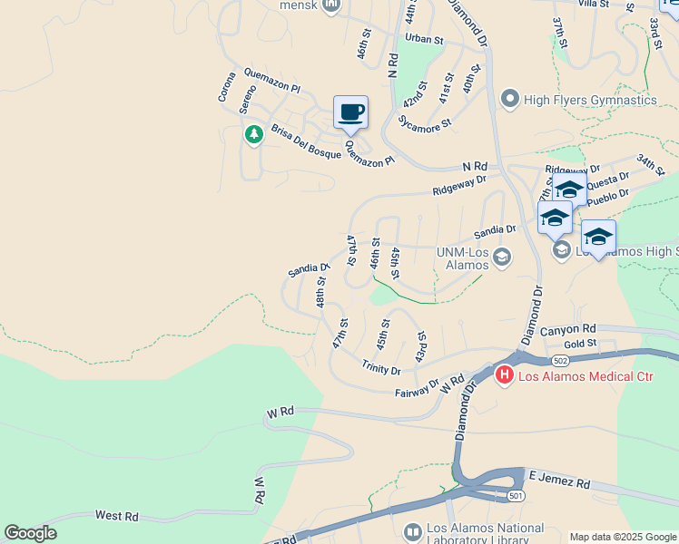 map of restaurants, bars, coffee shops, grocery stores, and more near 1309 47th Street in Los Alamos