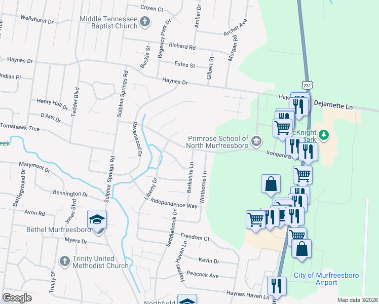 map of restaurants, bars, coffee shops, grocery stores, and more near 503 Irongate Boulevard in Murfreesboro