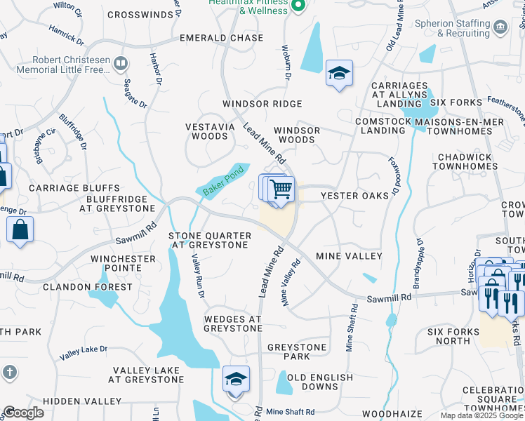 map of restaurants, bars, coffee shops, grocery stores, and more near 902 Bridge Way in Raleigh