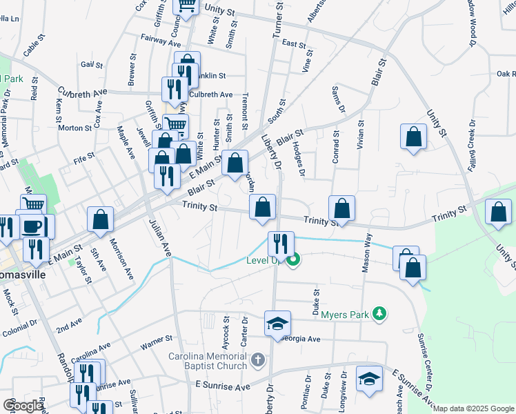 map of restaurants, bars, coffee shops, grocery stores, and more near 906 Trinity St in Thomasville