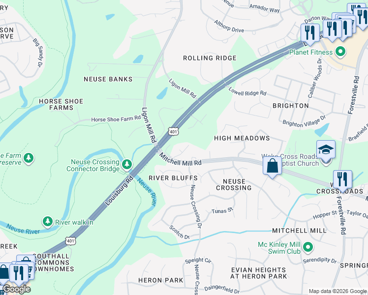 map of restaurants, bars, coffee shops, grocery stores, and more near 7933 Mandrel Way in Raleigh