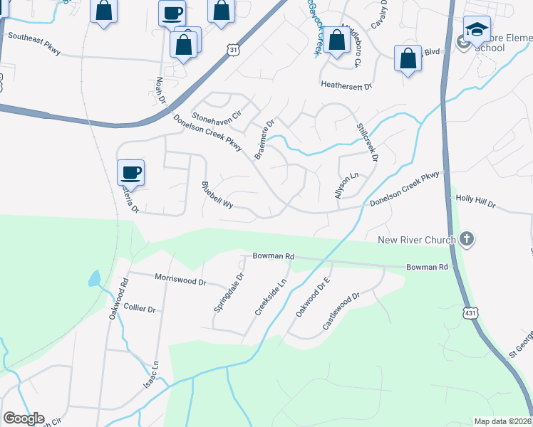 map of restaurants, bars, coffee shops, grocery stores, and more near 101 Rob Roy Court in Franklin