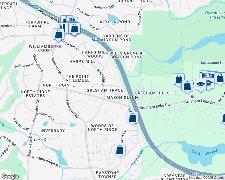 map of restaurants, bars, coffee shops, grocery stores, and more near 8008 Criswell Crescent in Raleigh