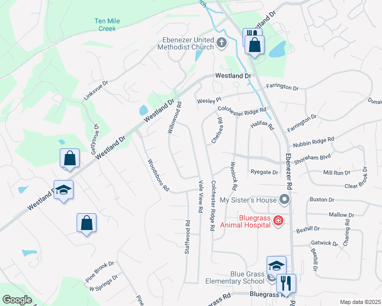 map of restaurants, bars, coffee shops, grocery stores, and more near 9006 Roemeadow Lane in Knoxville