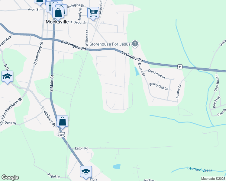 map of restaurants, bars, coffee shops, grocery stores, and more near 134 Winding Creek Road in Mocksville