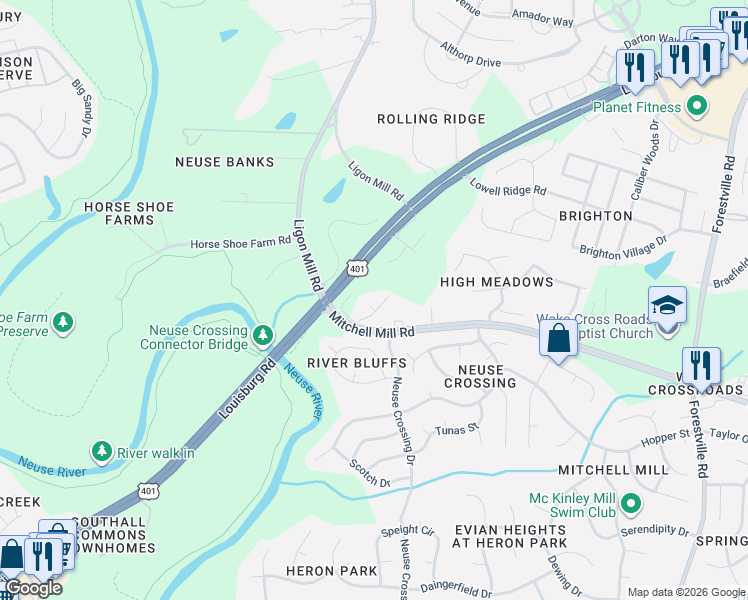 map of restaurants, bars, coffee shops, grocery stores, and more near 7933 Mandrel Way in Raleigh