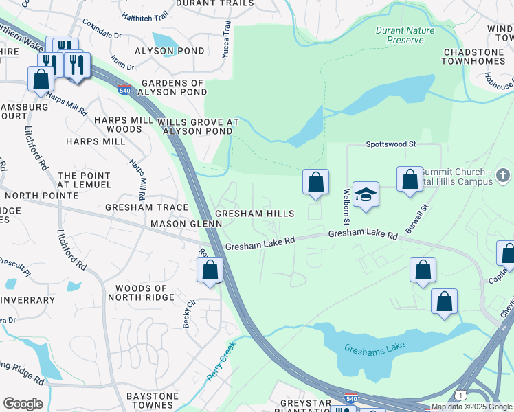 map of restaurants, bars, coffee shops, grocery stores, and more near 2917 Gresham Lake Road in Raleigh