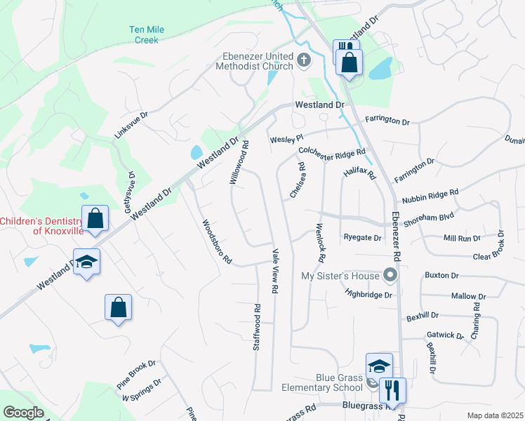map of restaurants, bars, coffee shops, grocery stores, and more near 9006 Roemeadow Lane in Knoxville