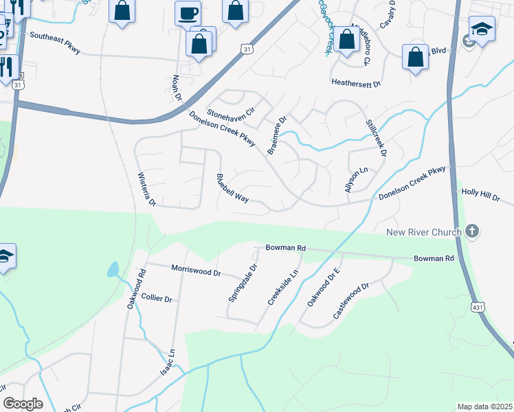 map of restaurants, bars, coffee shops, grocery stores, and more near 121 Bluebell Way in Franklin