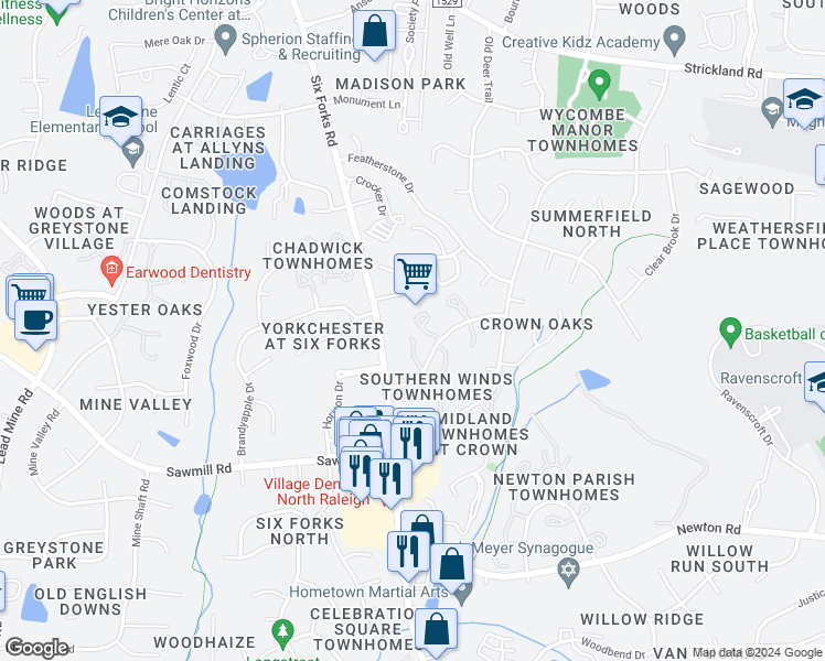 map of restaurants, bars, coffee shops, grocery stores, and more near 7729 Kingsberry Court in Raleigh