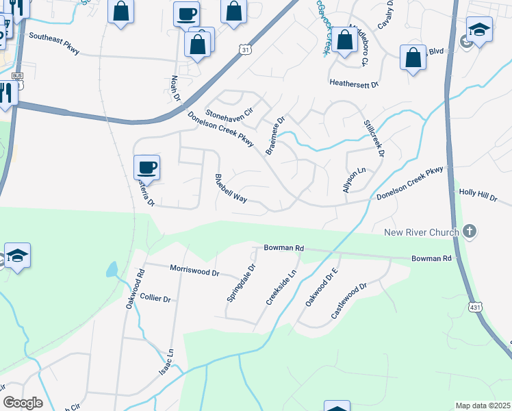 map of restaurants, bars, coffee shops, grocery stores, and more near 121 Bluebell Way in Franklin
