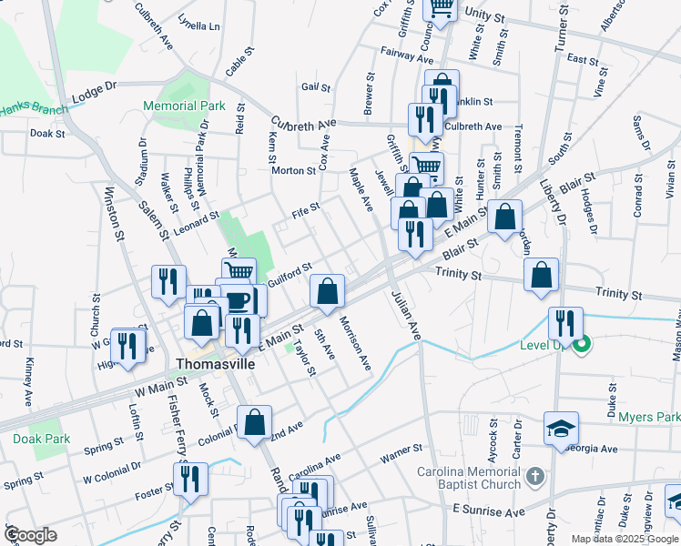 map of restaurants, bars, coffee shops, grocery stores, and more near 3 College Street in Thomasville