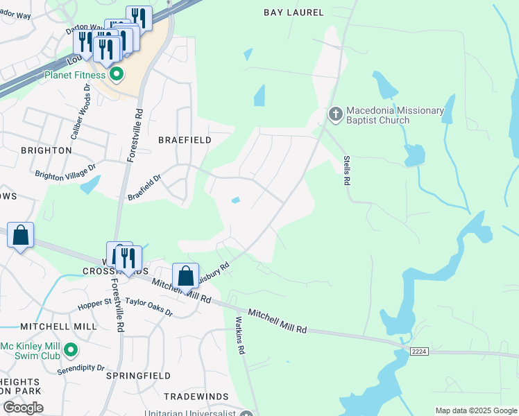 map of restaurants, bars, coffee shops, grocery stores, and more near 3804 Tritonville Way in Wake Forest